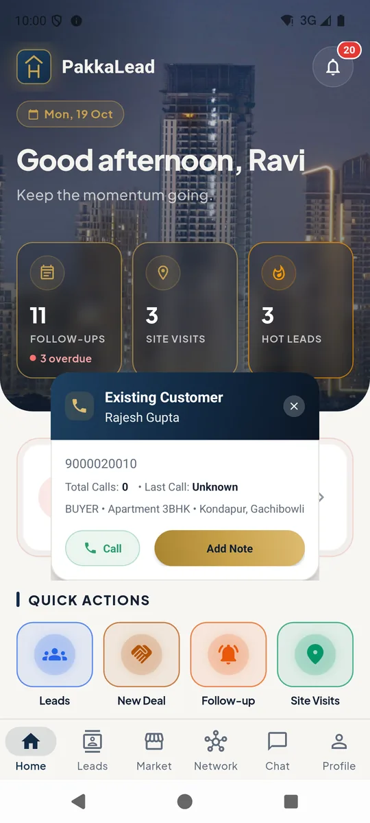 After-call popup for an existing lead
