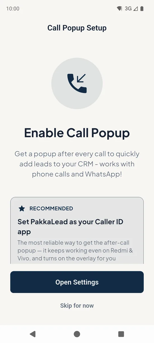 Call popup setup screen