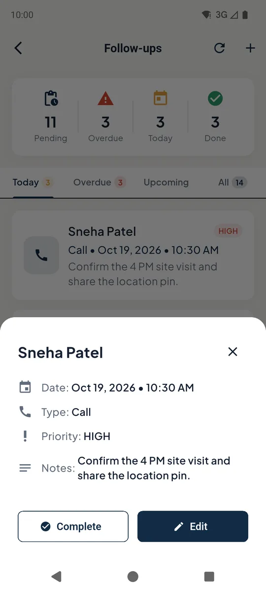 Follow-up details with Complete and Edit