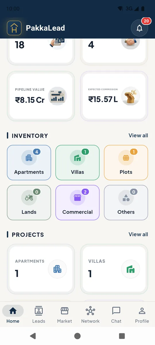 Inventory, projects and team on the home screen