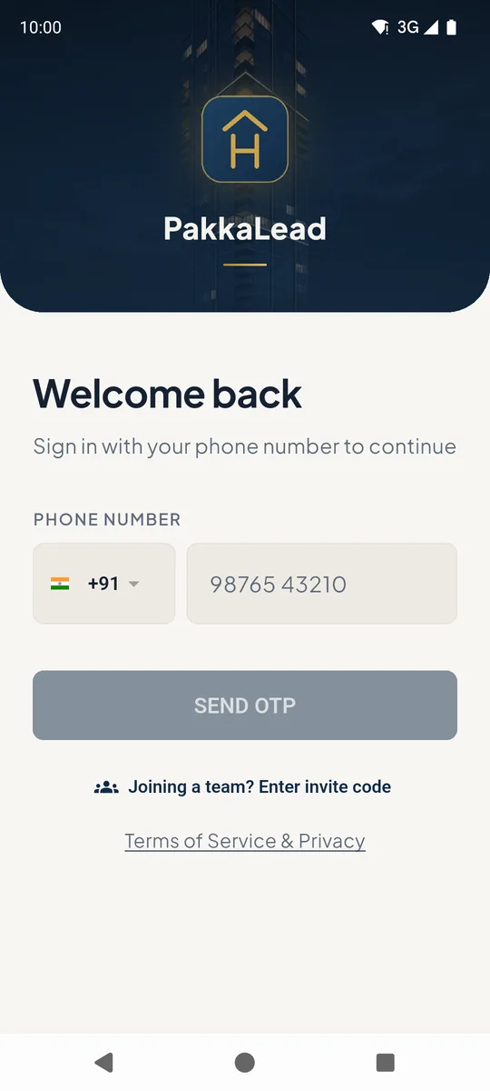 Sign-in screen with phone number field