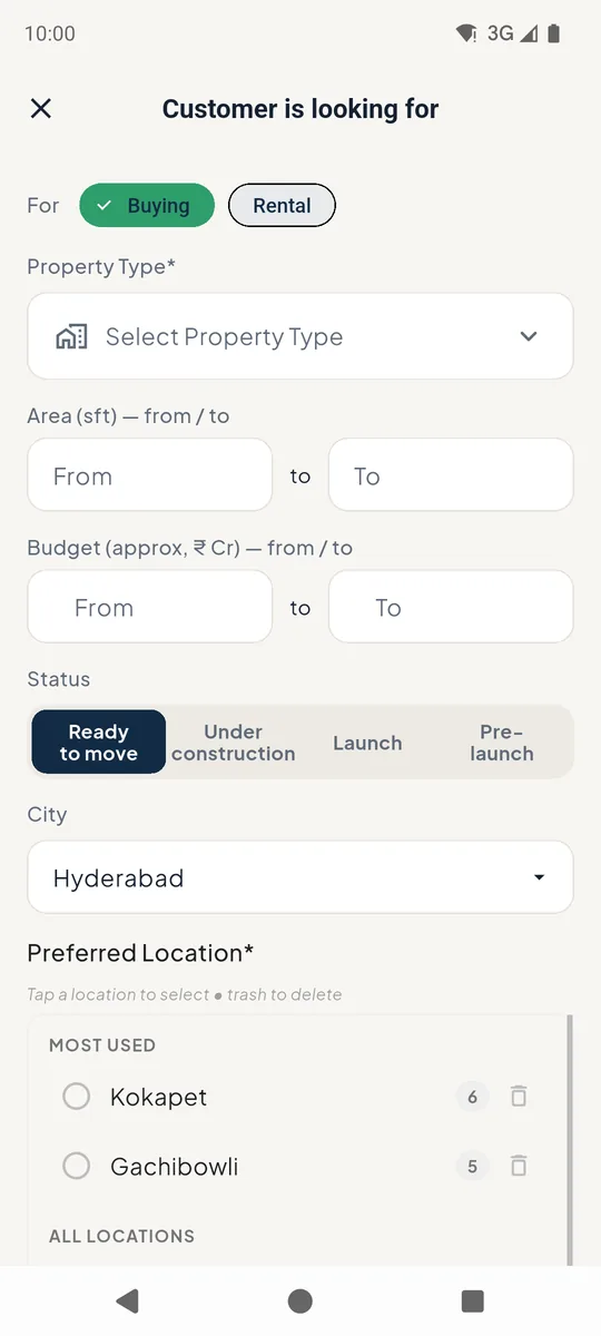 Customer requirement form