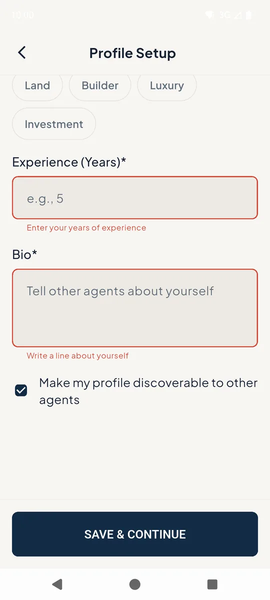 Profile setup showing required-field errors